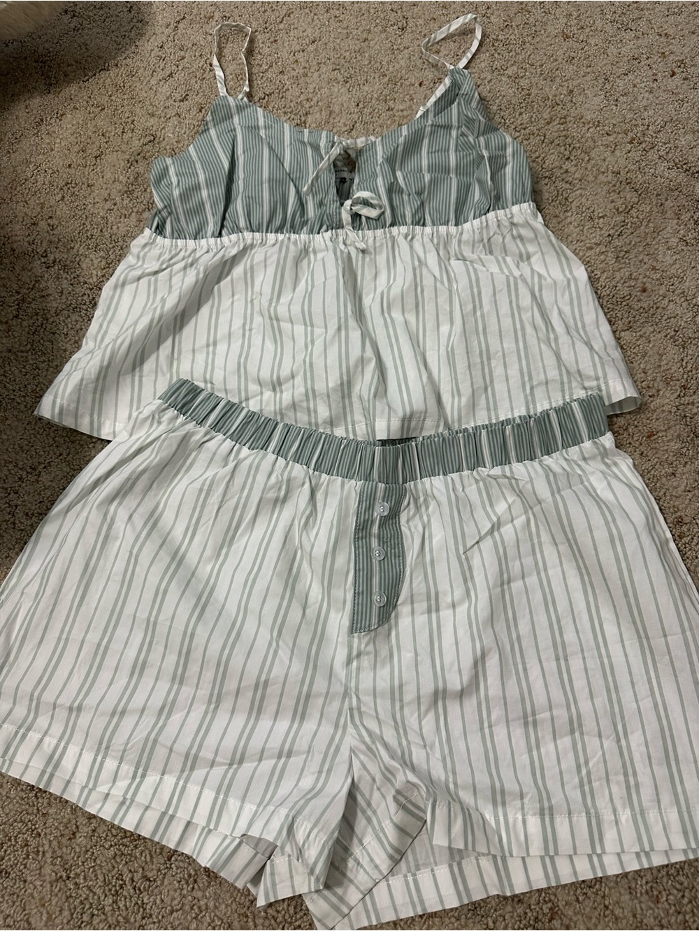 Striped Green & White Cotton Pajama Tank Top and Shorts Set - Women's